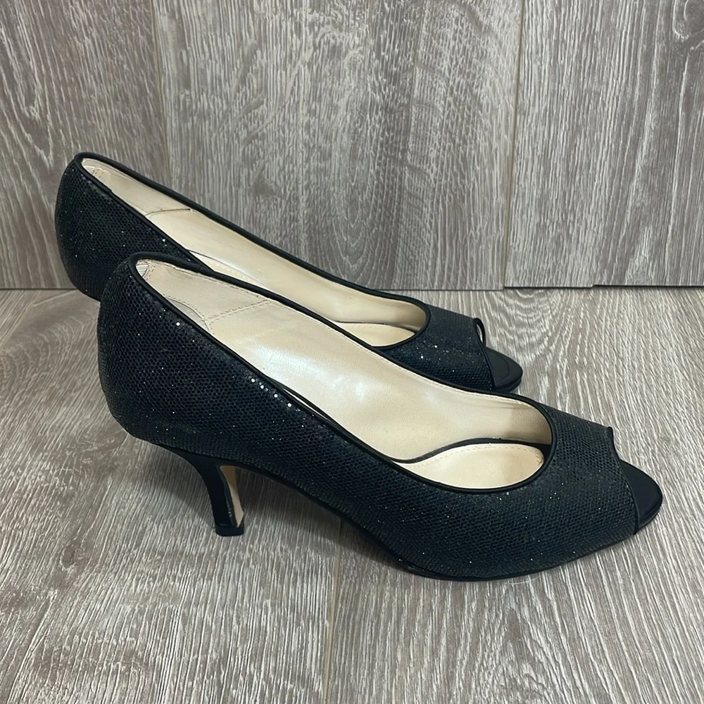 Caparros Black Sparkle Peep Toe Open Toe Pump Heels 8B